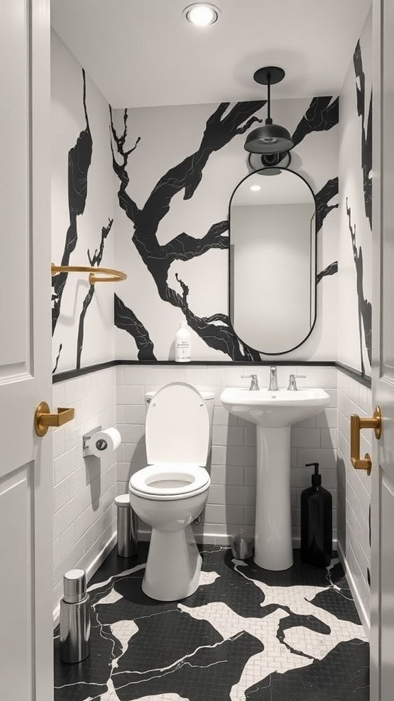 A stylish high-contrast half bathroom featuring black and white decor.