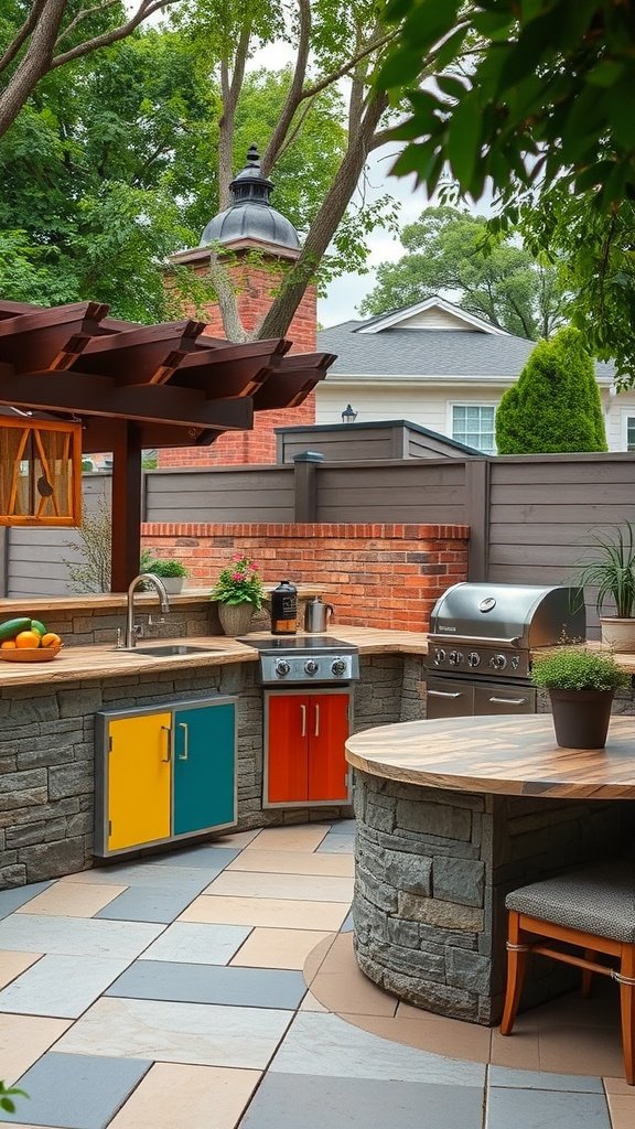 A stylish outdoor kitchen featuring colorful cabinets, a grill, and a cozy seating area surrounded by greenery.
