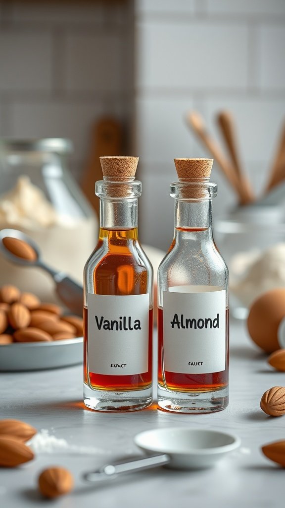 Bottles of homemade vanilla and almond extracts on a countertop with almonds and kitchen utensils.