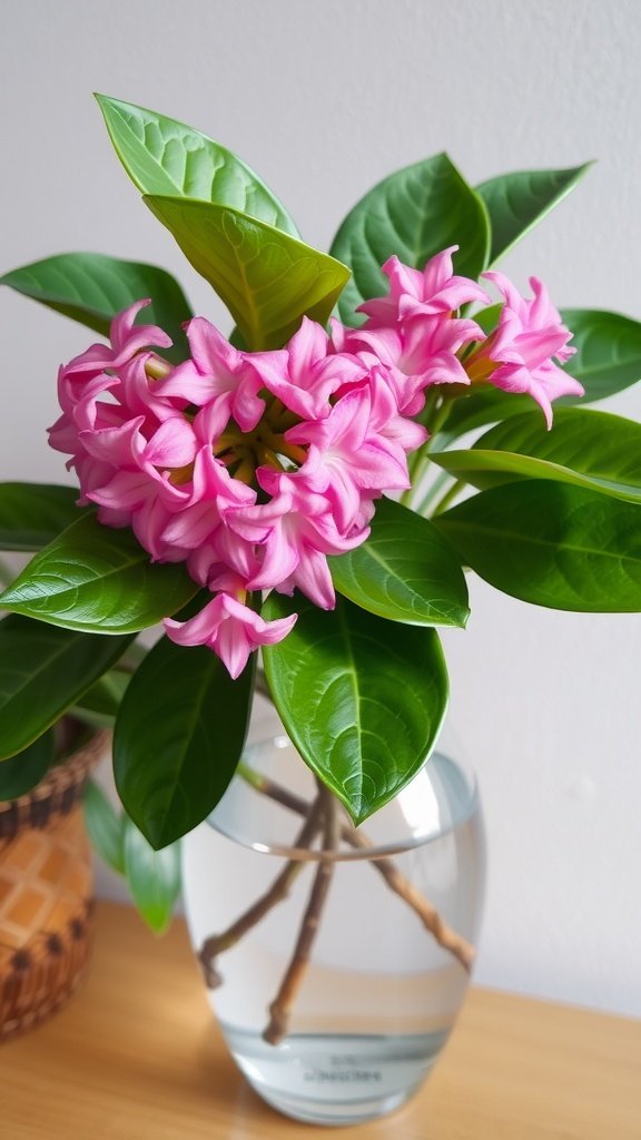 Hoya plant with pink flowers in a clear glass vase