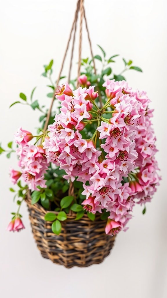 A beautiful Hoya plant with pink flowers in a hanging basket.