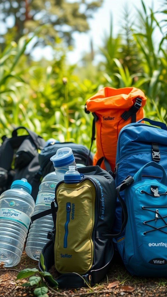 Various camping gear including water bottles and backpacks among greenery.