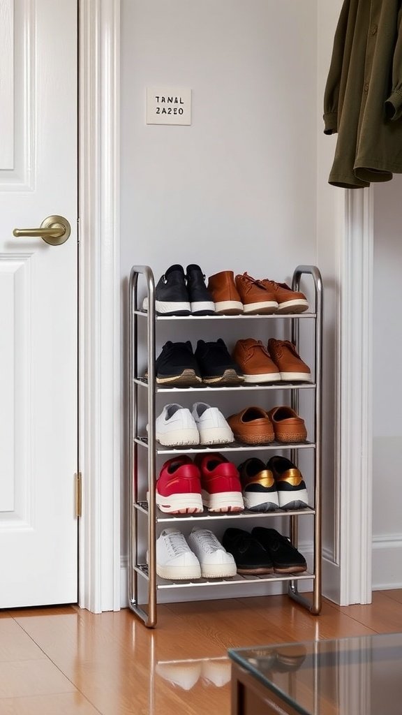 A neatly arranged shoe rack filled with various types of shoes in a small entryway.