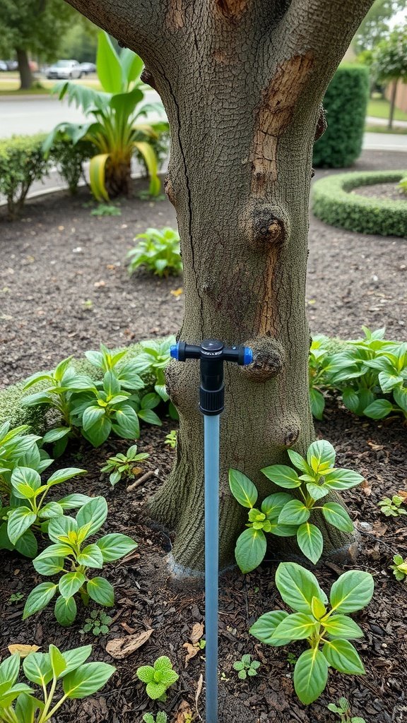 Irrigation system installed around a tree in a garden