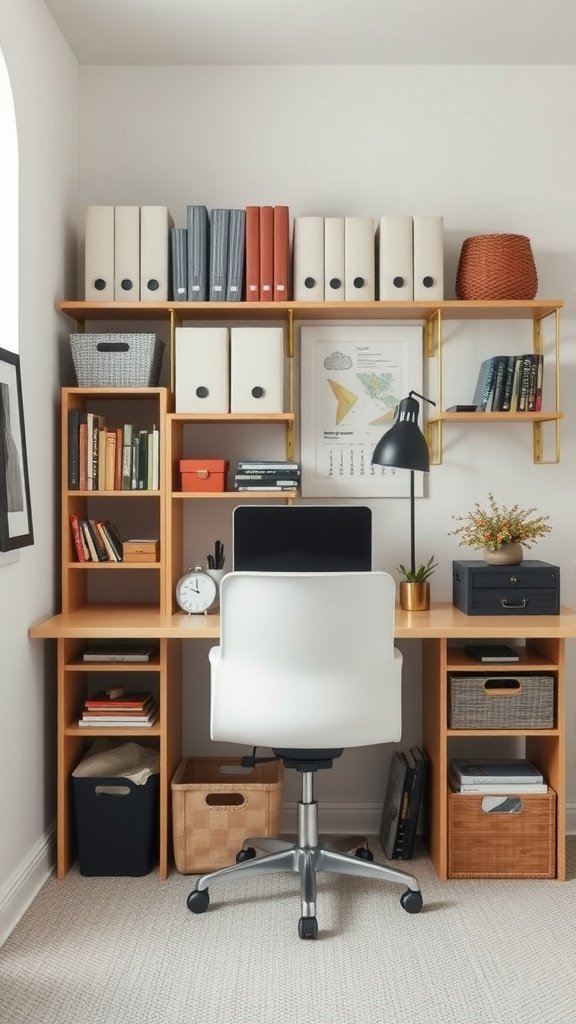 A cozy small home office setup with smart storage solutions, featuring shelves, boxes, and organized books.