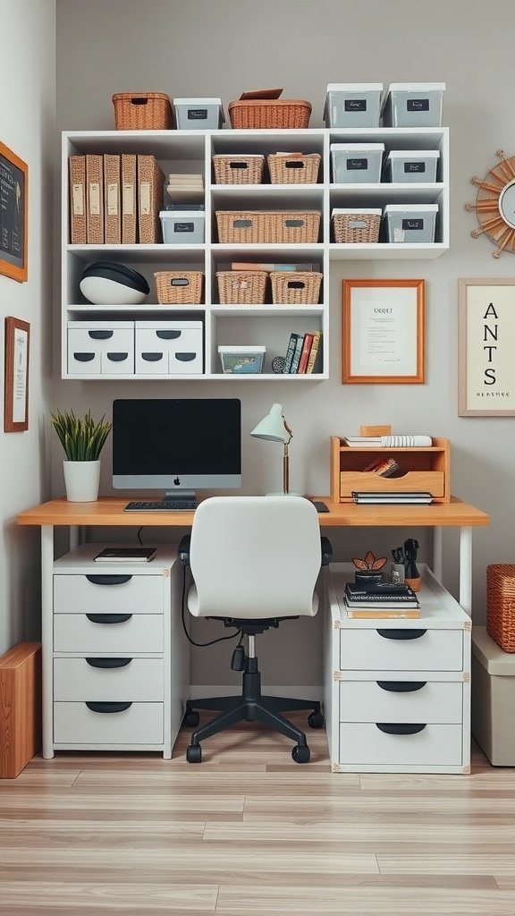Small home office setup with white and wood desk, storage baskets, and organized shelves