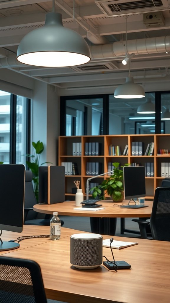 A modern office setup featuring technology and greenery.