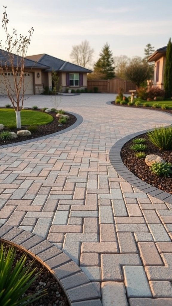 Beautifully designed driveway with pavers and landscaping.