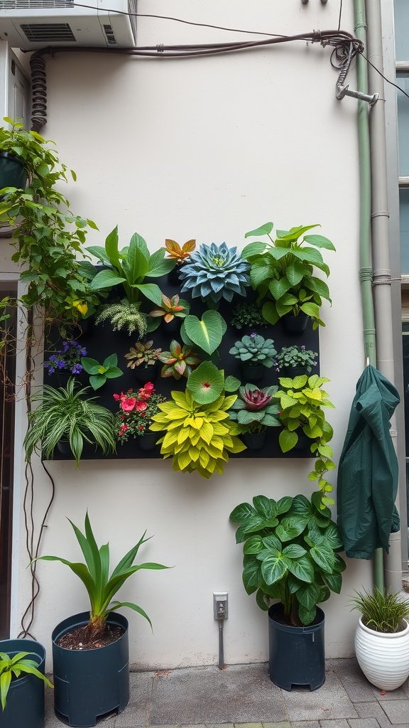 Vertical garden with various plants in pots on a wall
