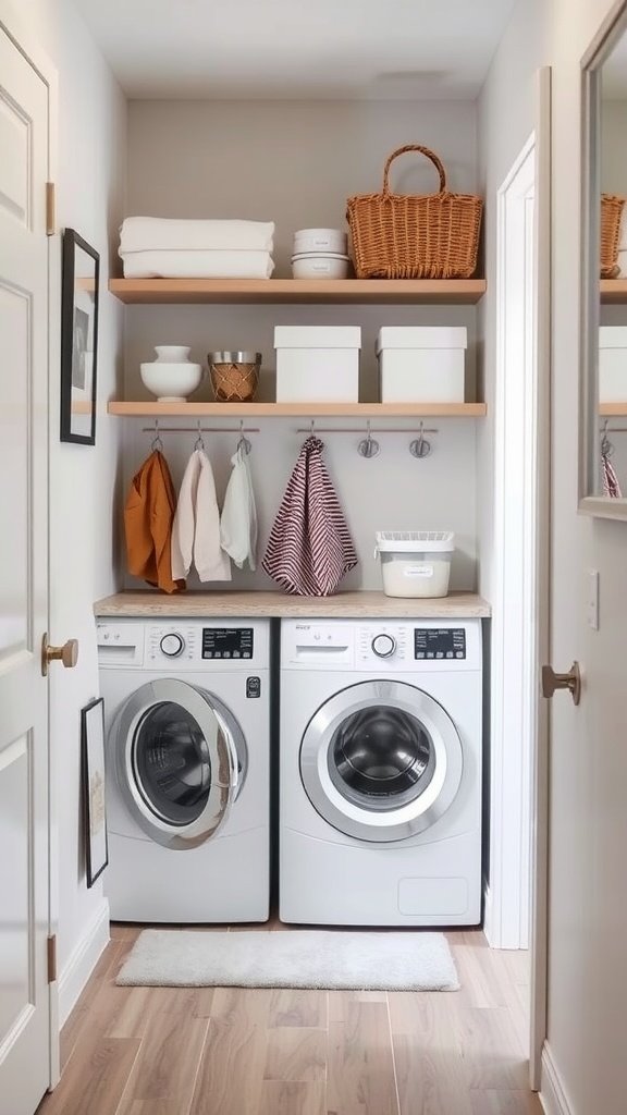 A modern laundry room with stacked washer and dryer, shelves, and organized items.