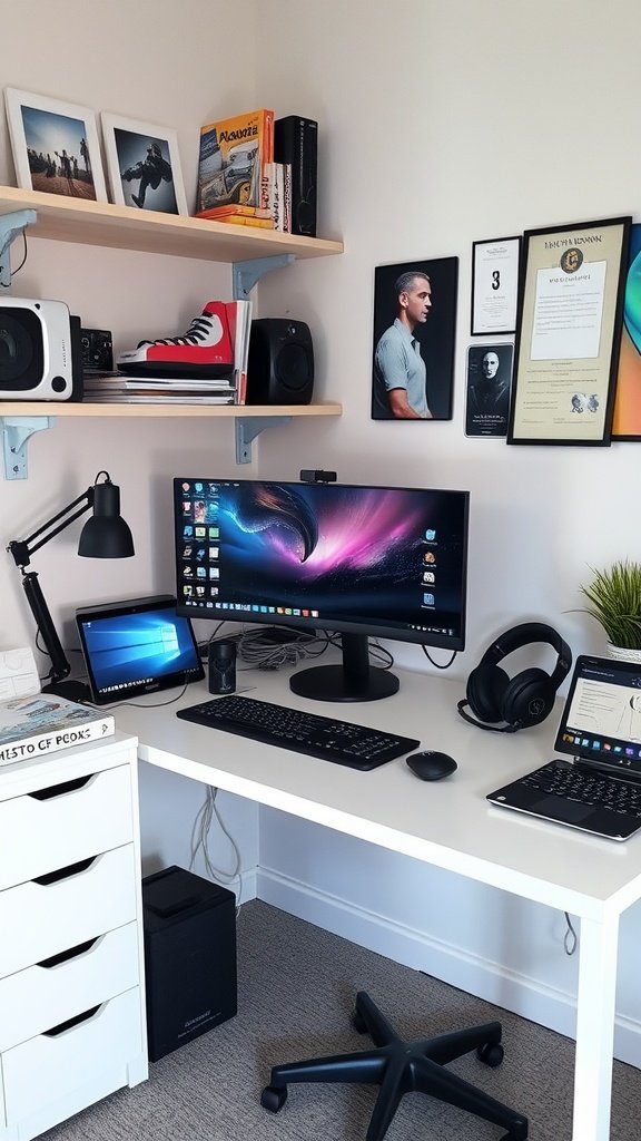 A modern small home office setup with dual monitors and a clean aesthetic.