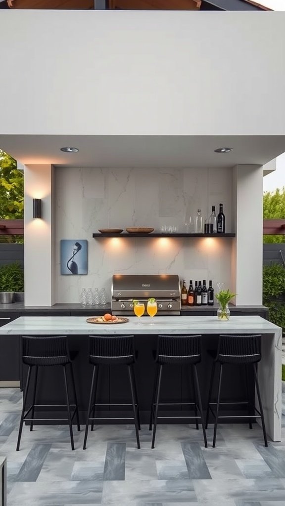 An outdoor kitchen with a bar counter, grill, and drinks setup.