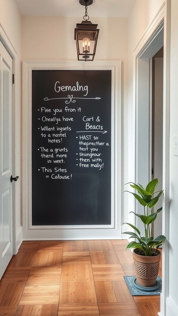 A hallway featuring a chalkboard for notes, with a plant and light fixture.