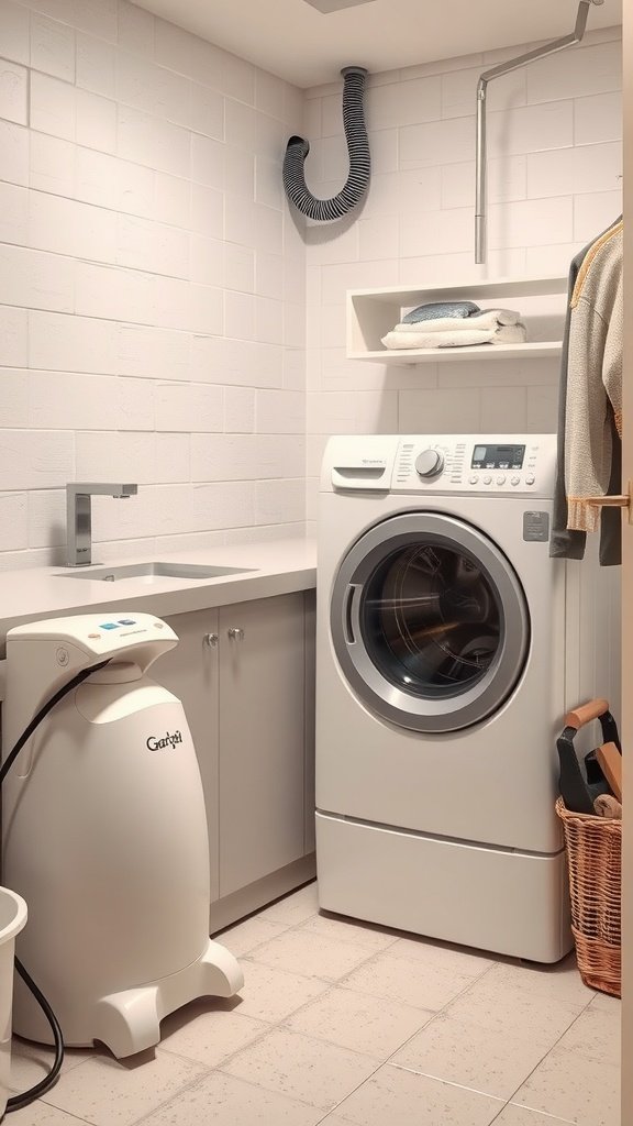 A modern laundry room featuring a washer, dryer, and a clothes steamer
