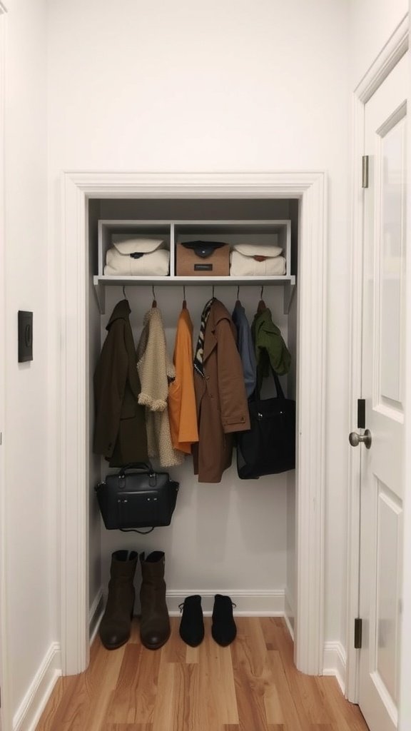 A neatly organized coat closet with jackets, bags, and shoes inside.