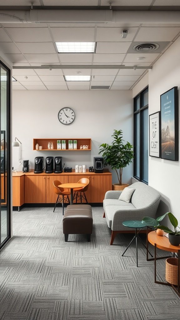 Cozy office space with a coffee station and seating area.