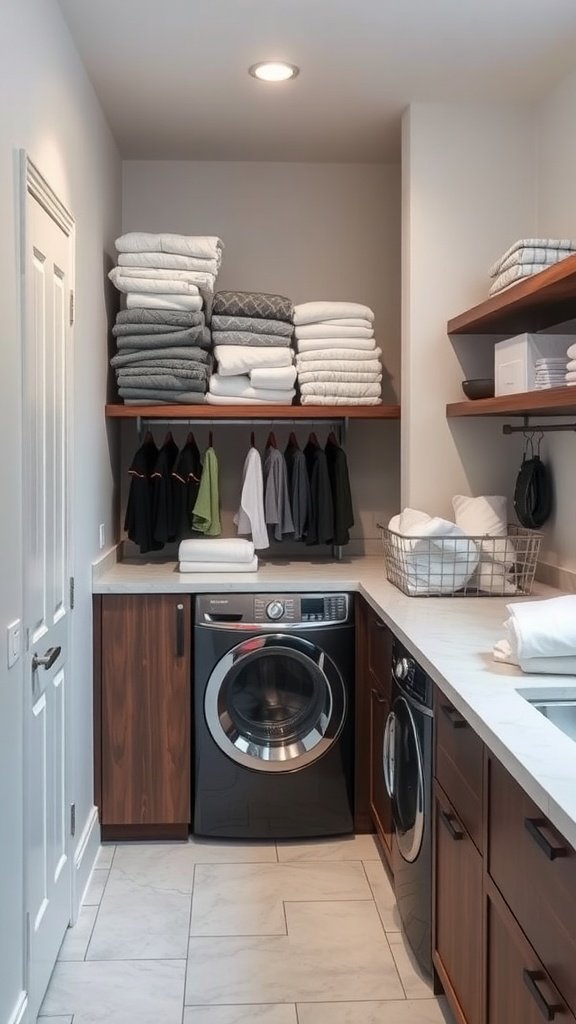 Laundry room featuring a folding station with clean towels and organized shelves.