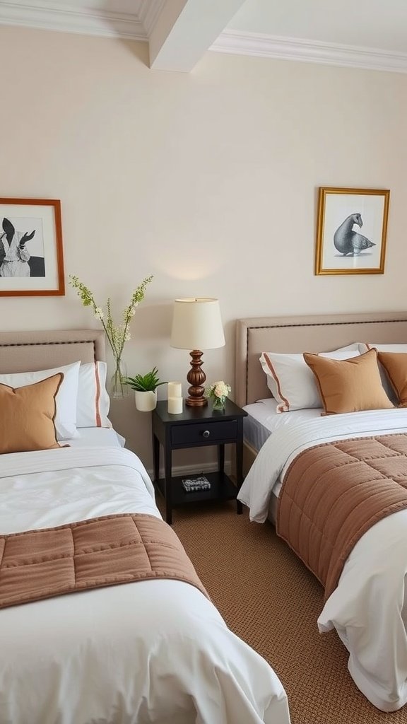A cozy bedroom featuring two beds with brown and white bedding, a nightstand, and decorative art on the walls.