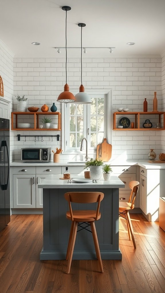 A modern tiny home kitchen featuring a stylish island with wooden accents and bright decor.