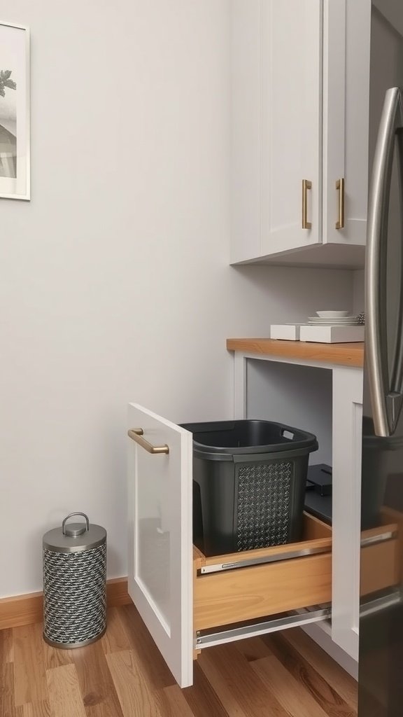 A pull-out trash can installed in a small kitchen cabinet.