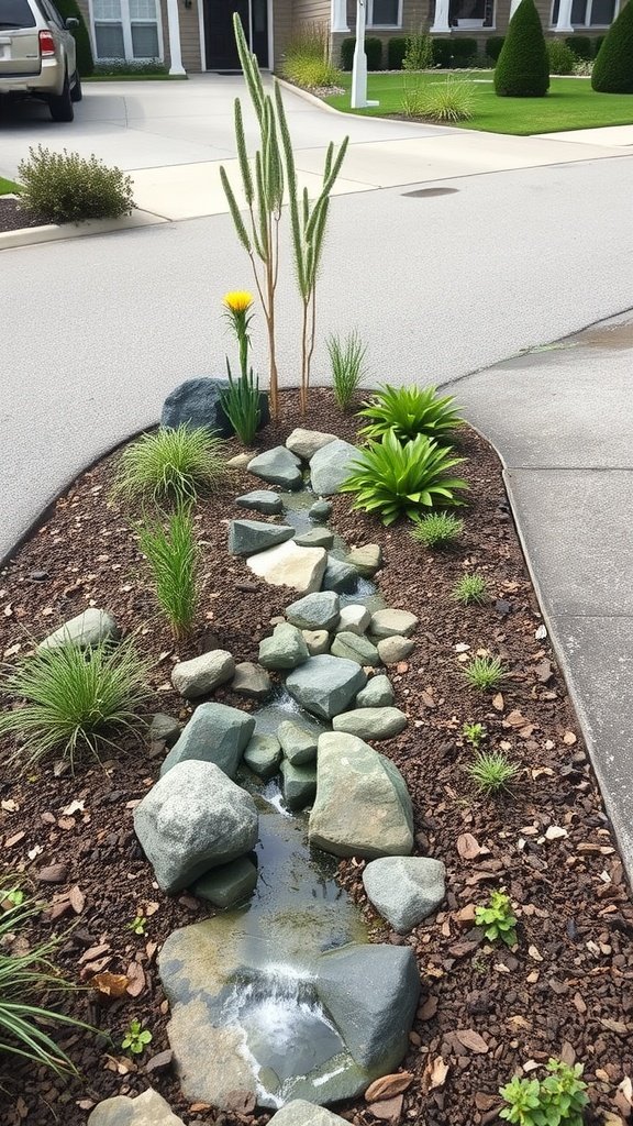 A rain garden featuring rocks, plants, and a small water feature along a driveway.