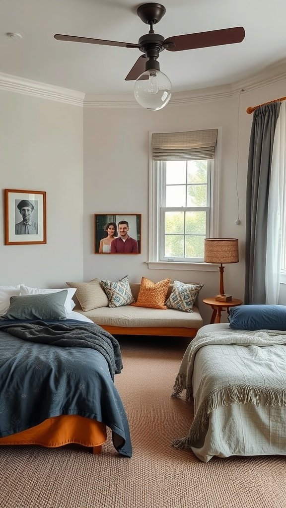 A cozy bedroom with two beds and a reading nook.
