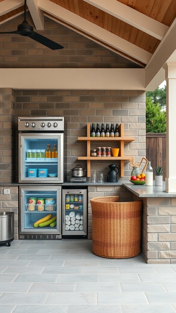 A modern outdoor kitchen featuring a refrigerator, ample storage, and a cozy seating area.