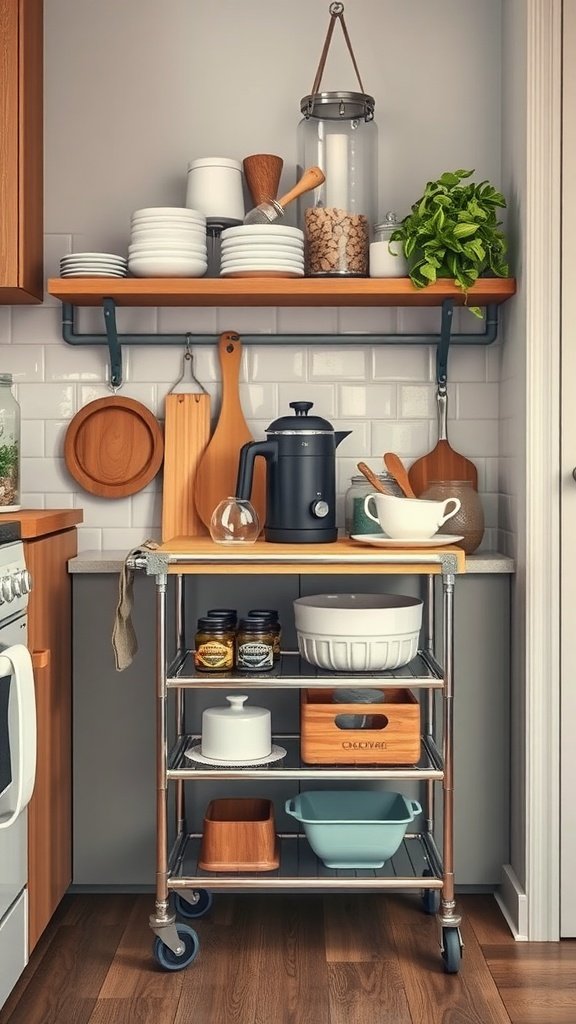 A modern kitchen featuring a rolling kitchen cart with various kitchen items.