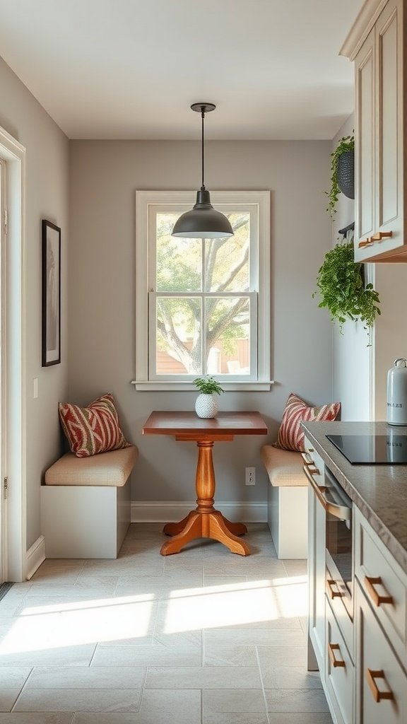 A small kitchen nook with a table and benches, perfect for breakfast or casual dining.