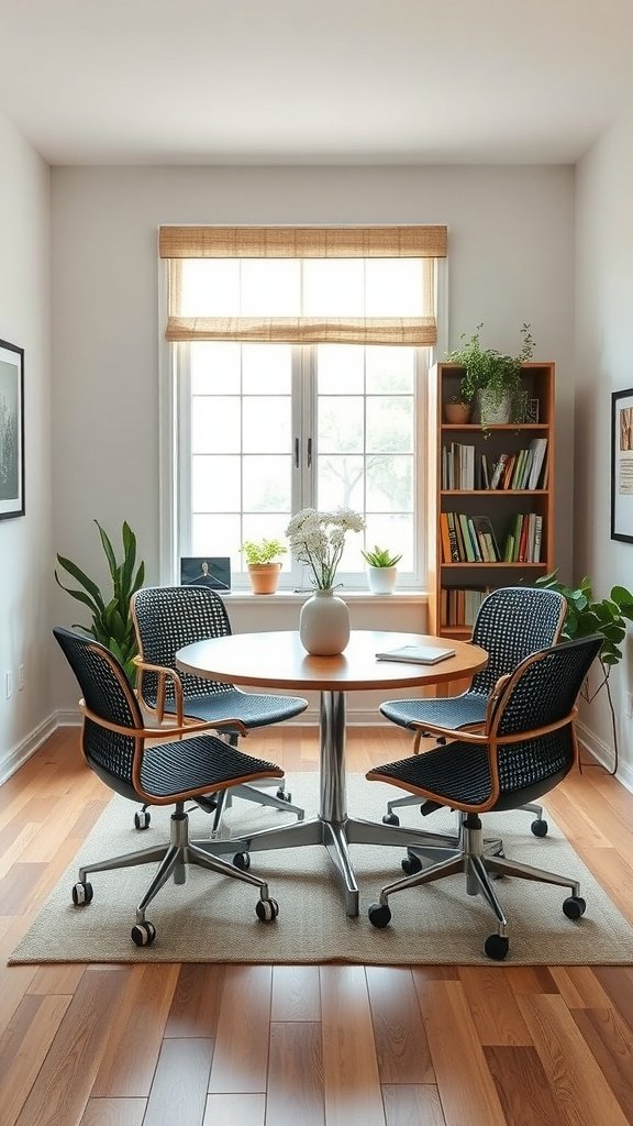 Small conference area with a round table and four chairs in a bright room with plants.