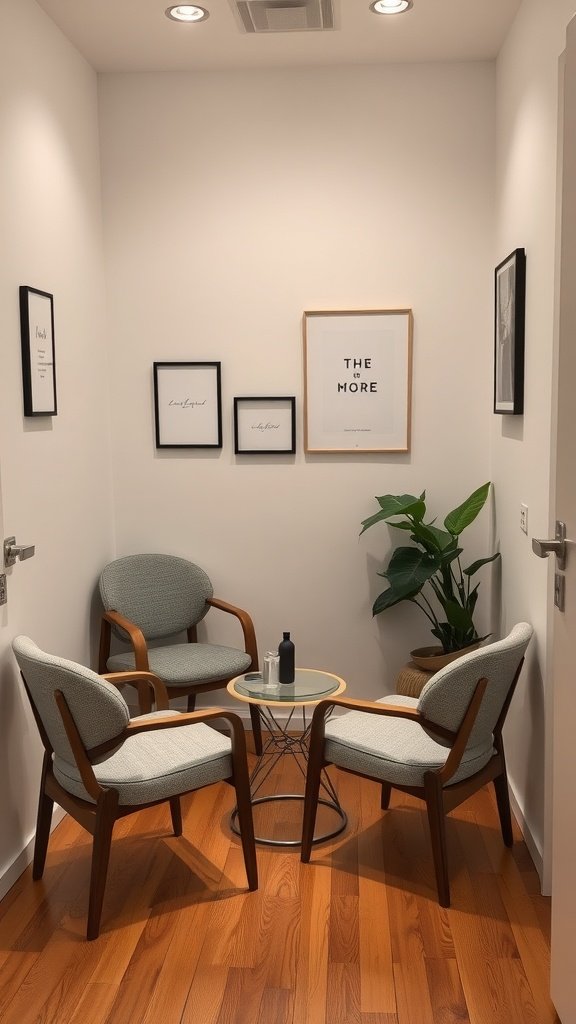 A small meeting area with two chairs and a table in a modern home office.