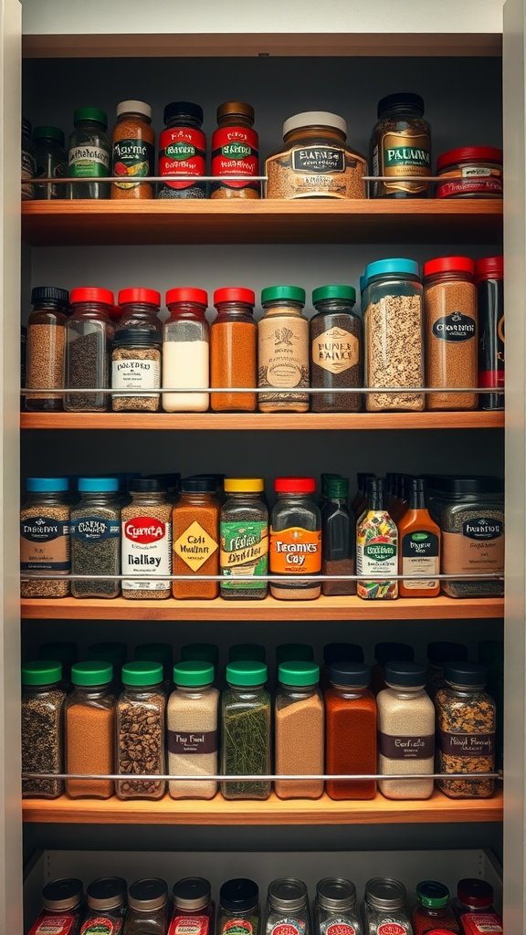 A well-organized spice rack in a pantry with various jars and containers.