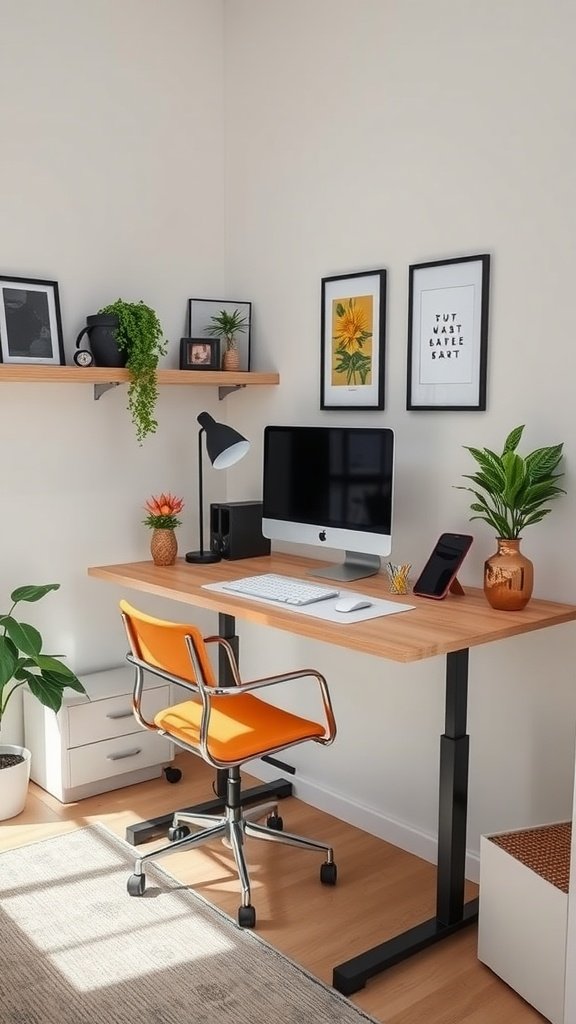Stylish standing desk setup in a small office with plants and modern decor