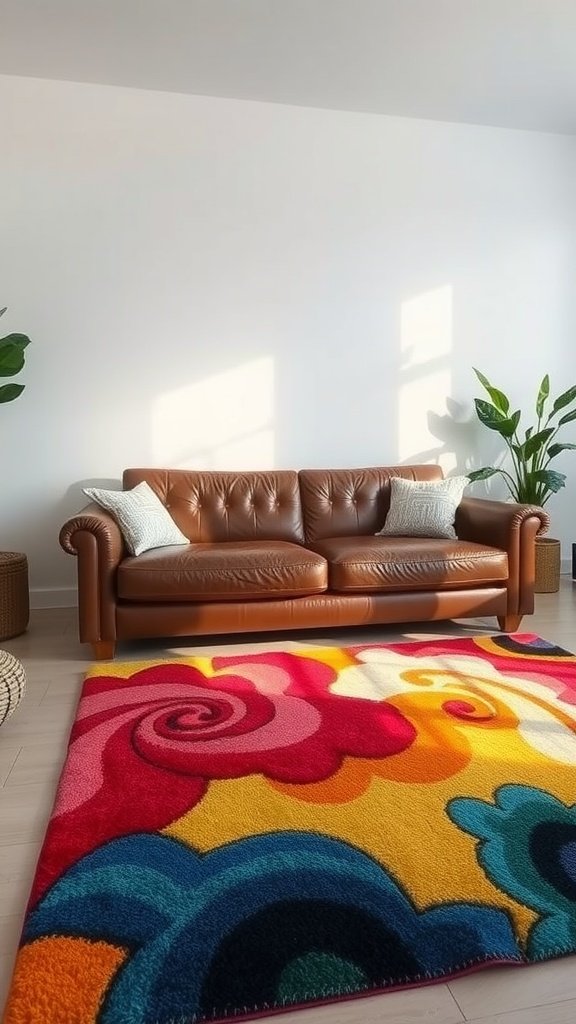 A living room featuring a brown leather couch and a colorful statement rug.