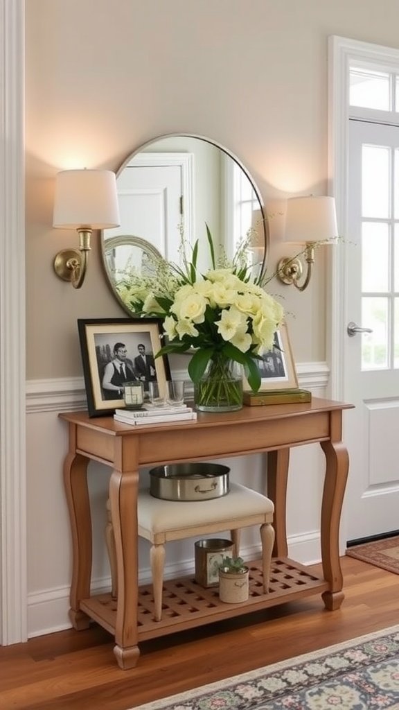 A stylish console table with framed photos and a vase of flowers in an entryway