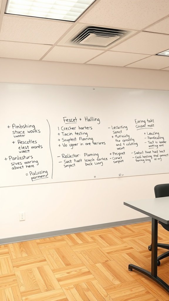 A whiteboard wall with notes and sketches in a small office setting.
