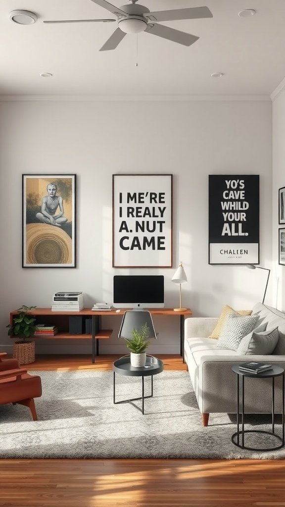 Cozy living room with office setup featuring art on the walls and a computer desk.