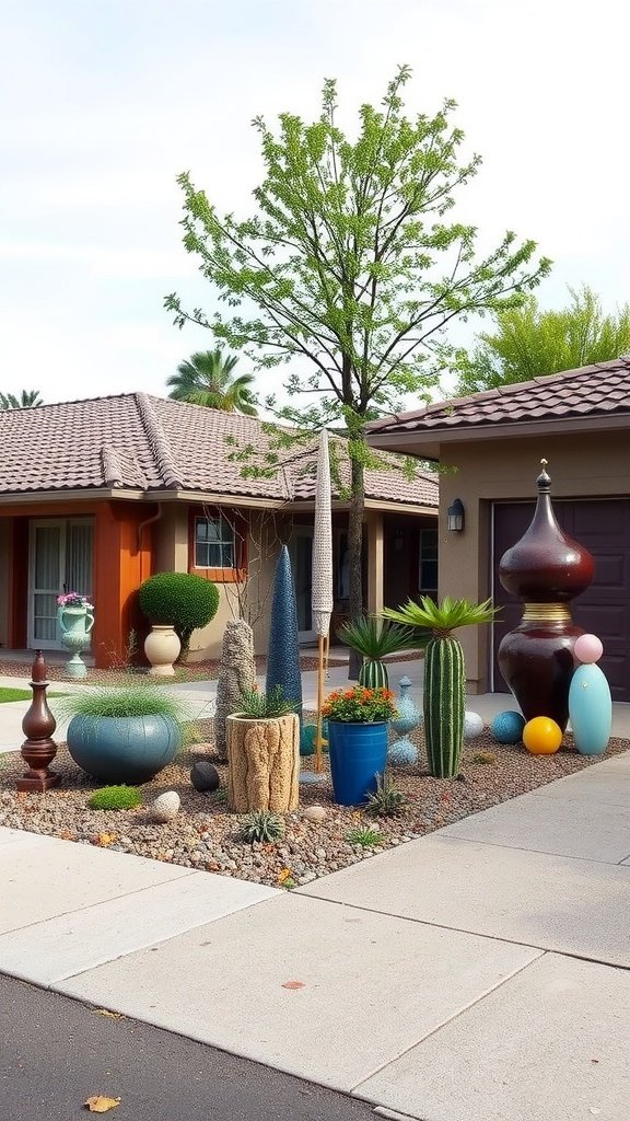 Colorful artistic landscaping with unique sculptures and plants near a driveway.