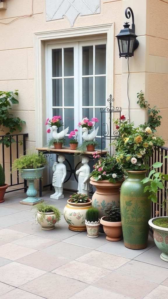 Decorative pots and sculptures on an apartment balcony