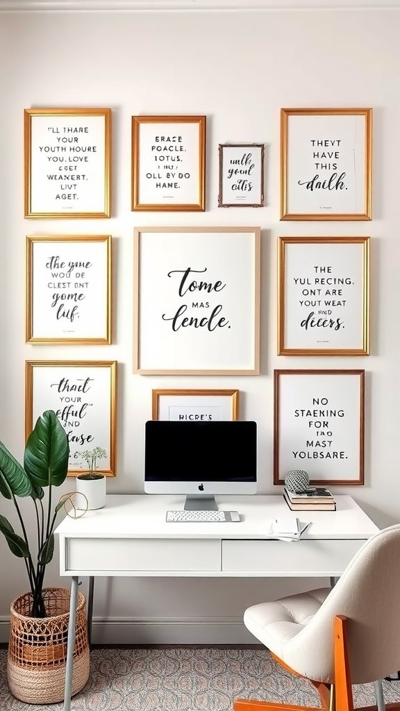 A feminine home office featuring a stylish desk, computer, and framed artwork on the wall.
