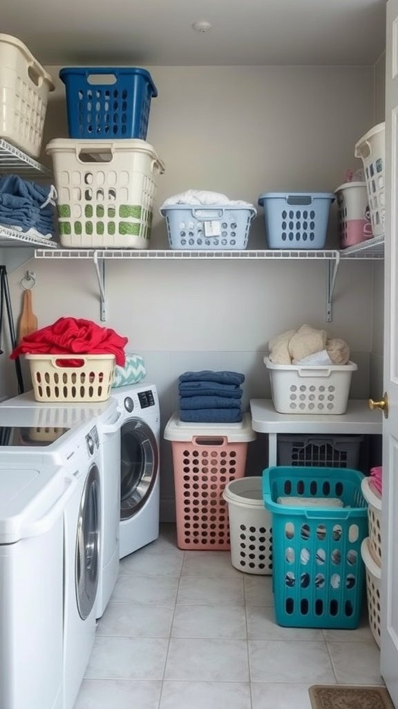 A well-organized laundry room featuring various baskets and hampers on shelves.