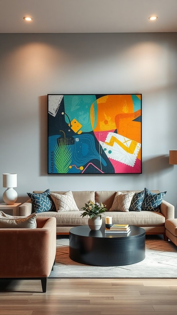 Colorful artwork displayed in a modern living room with neutral furniture and cozy decor.