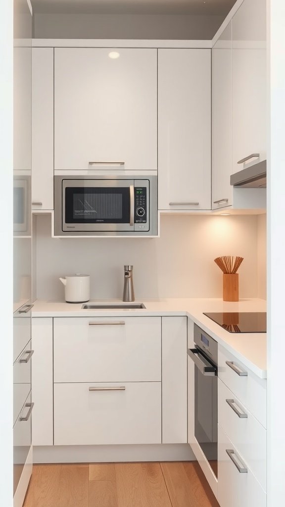 A modern small kitchen featuring built-in appliances and sleek cabinetry.
