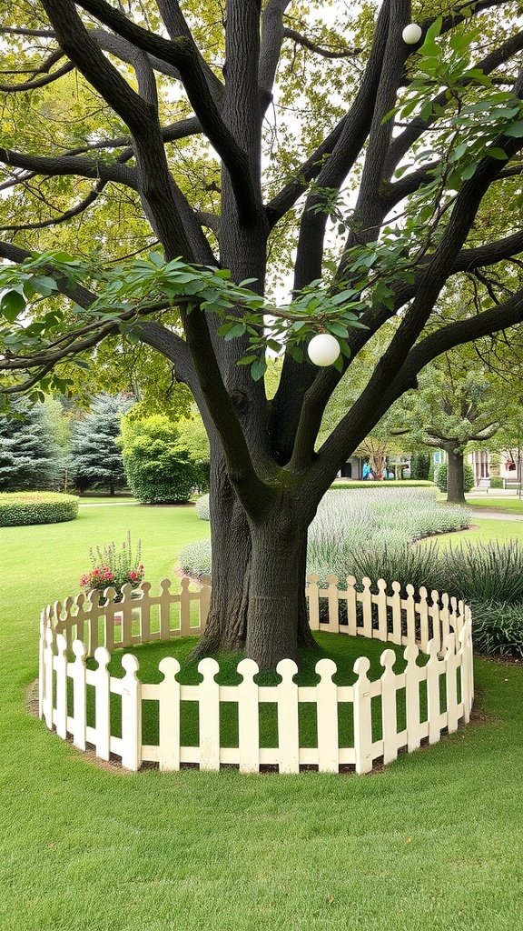 A tree surrounded by decorative white fencing on a well-maintained lawn.
