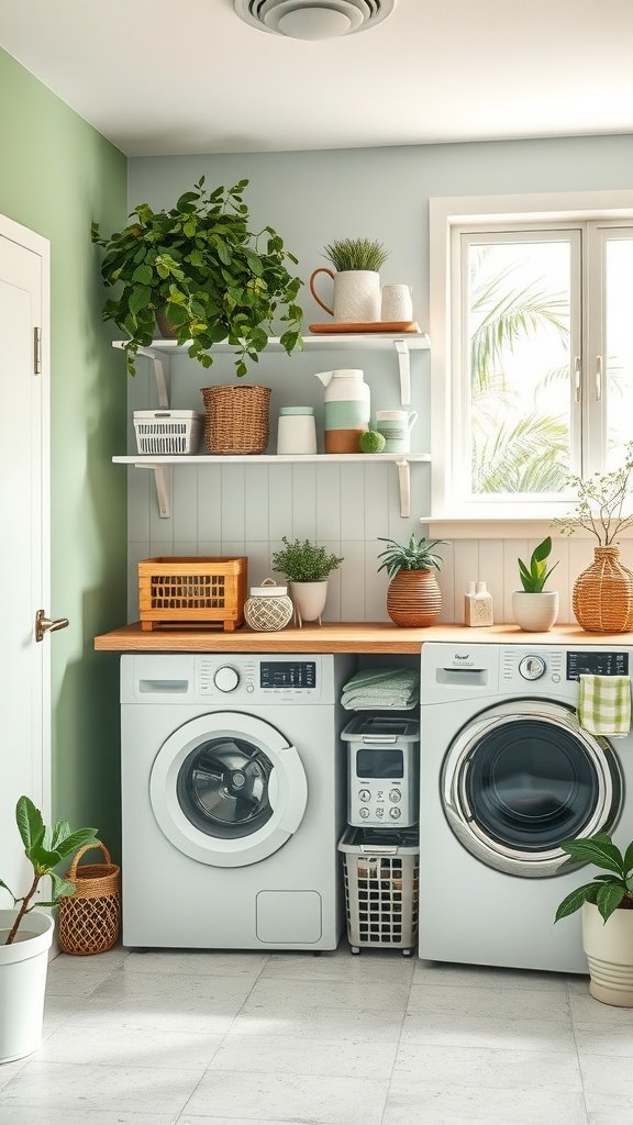 A bright and eco-friendly laundry room featuring a stacked washer and dryer, plants, and natural decor.