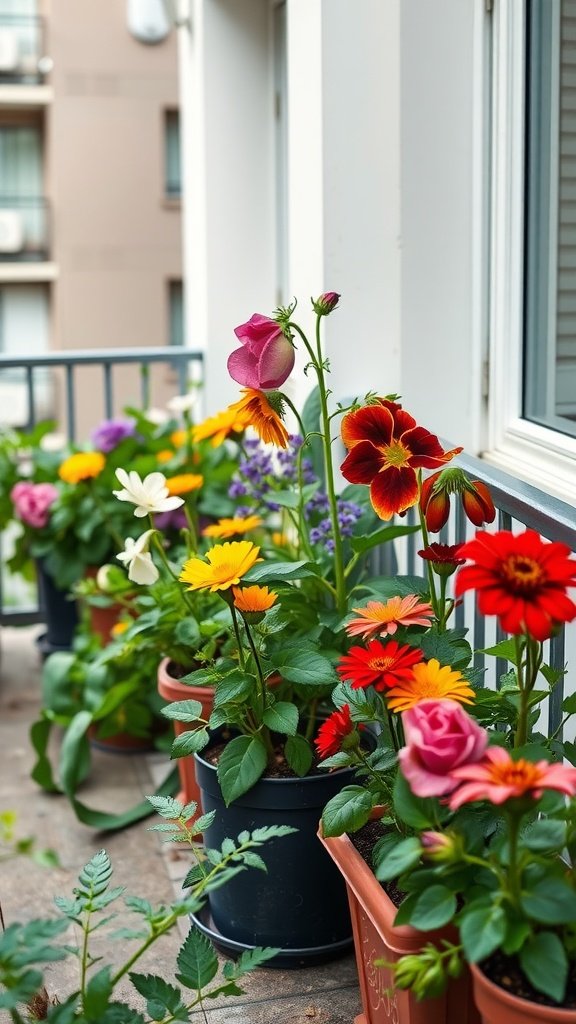 Colorful pots with edible flowers on a balcony