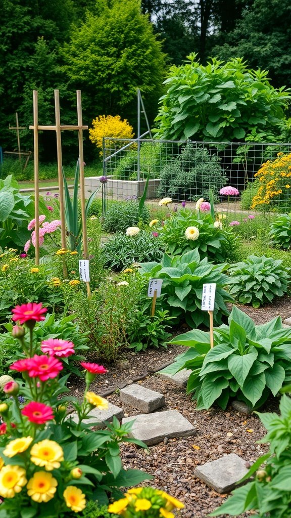A vibrant garden with colorful flowers and labeled plants, showcasing an edible garden design.