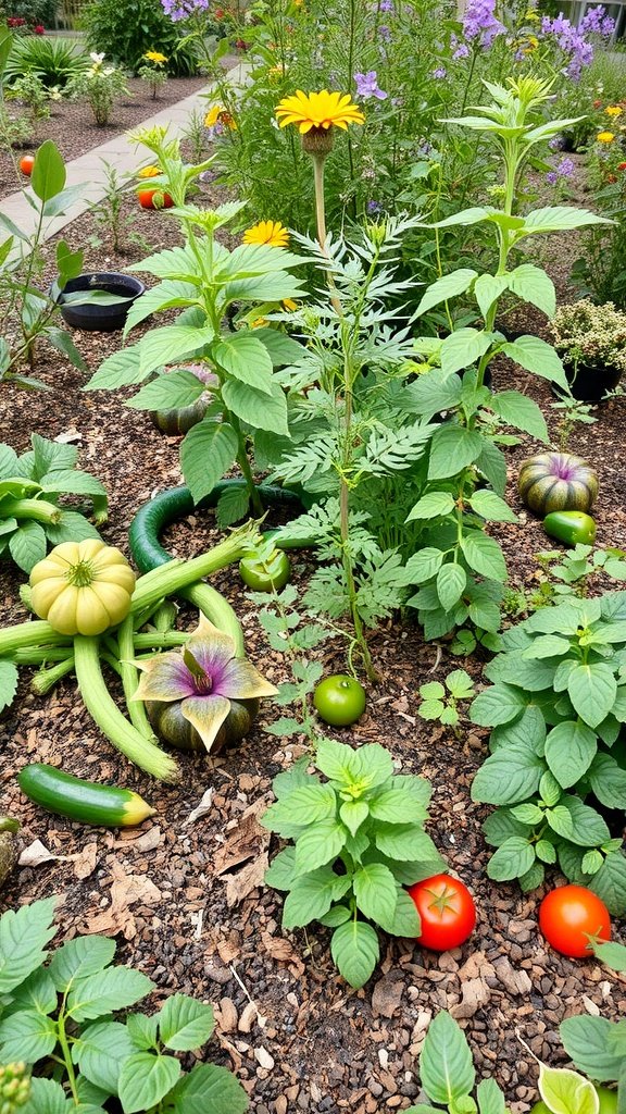 A vibrant garden filled with various vegetables like tomatoes, zucchini, and a sunflower, showcasing a mix of edible and ornamental plants.