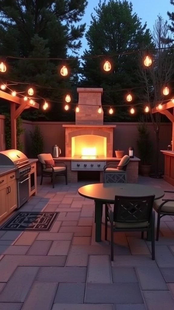 Outdoor kitchen with fire features, including a brick oven and cozy seating.