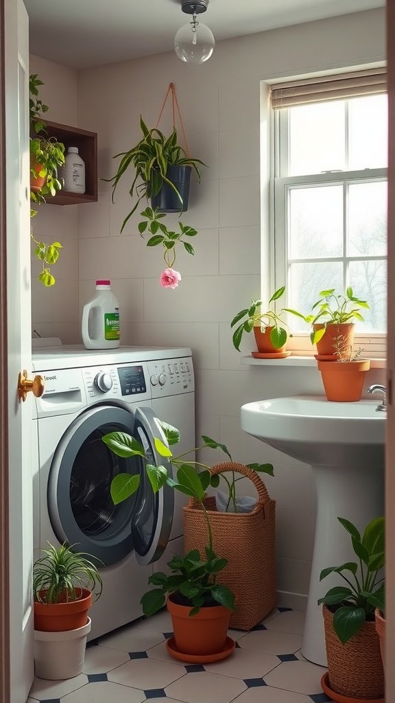 Bright laundry room with plants and modern appliances